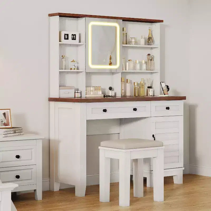 Toeletta per il trucco marrone e bianca con specchio LED, cassetti e sgabello, 1 persona
