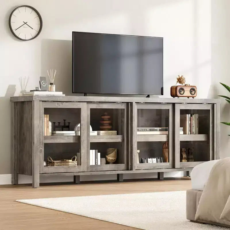 Mobile TV retrò nero/grigio con 4 ante scorrevoli in vetro – Struttura in legno, Adatto a TV da 40" a 65", Montaggio per 2 persone