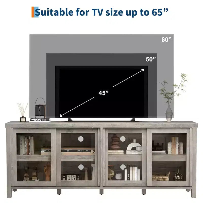 Mobile TV retrò nero/grigio con 4 ante scorrevoli in vetro – Struttura in legno, Adatto a TV da 40" a 65", Montaggio per 2 persone