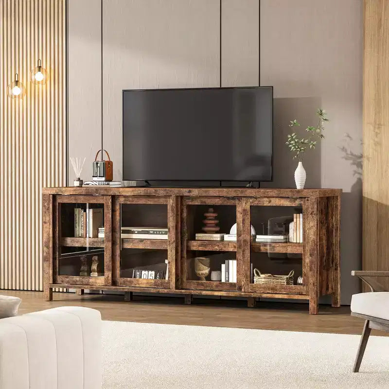 Mobile TV retrò nero/grigio con 4 ante scorrevoli in vetro – Struttura in legno, Adatto a TV da 40" a 65", Montaggio per 2 persone