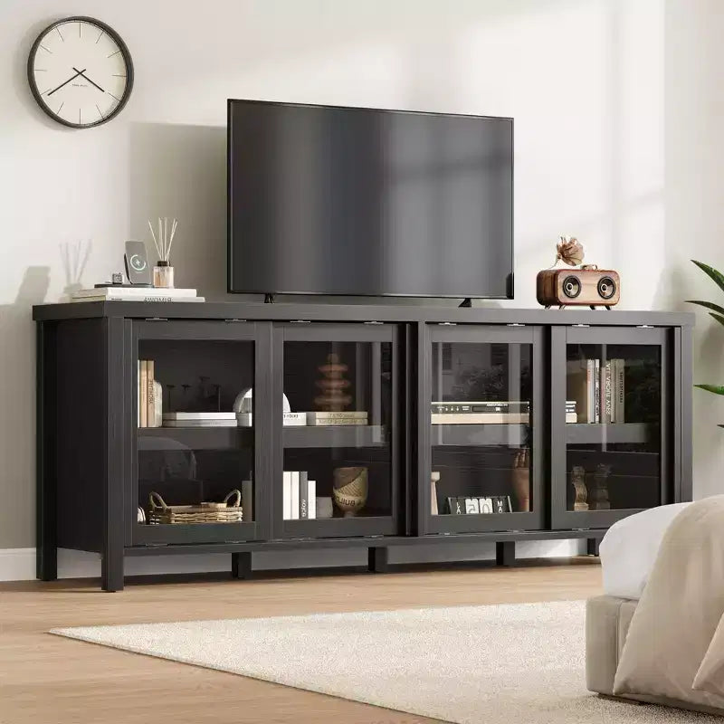 Mobile TV retrò nero/grigio con 4 ante scorrevoli in vetro – Struttura in legno, Adatto a TV da 40" a 65", Montaggio per 2 persone