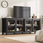 Mobile TV retrò nero/grigio con 4 ante scorrevoli in vetro – Struttura in legno, Adatto a TV da 40" a 65", Montaggio per 2 persone