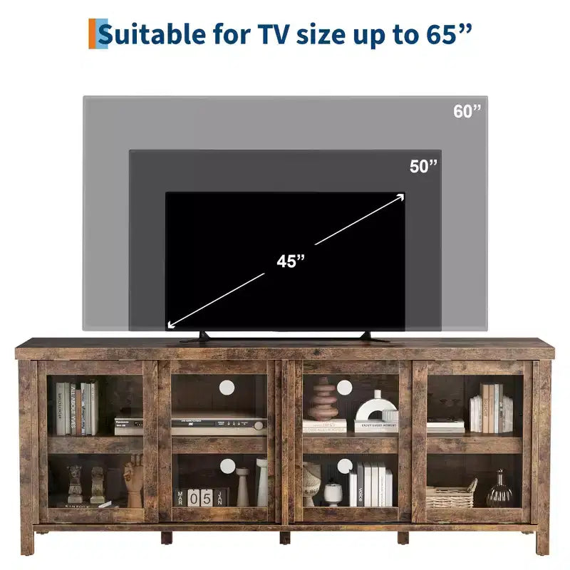Mobile TV retrò nero/grigio con 4 ante scorrevoli in vetro – Struttura in legno, Adatto a TV da 40" a 65", Montaggio per 2 persone