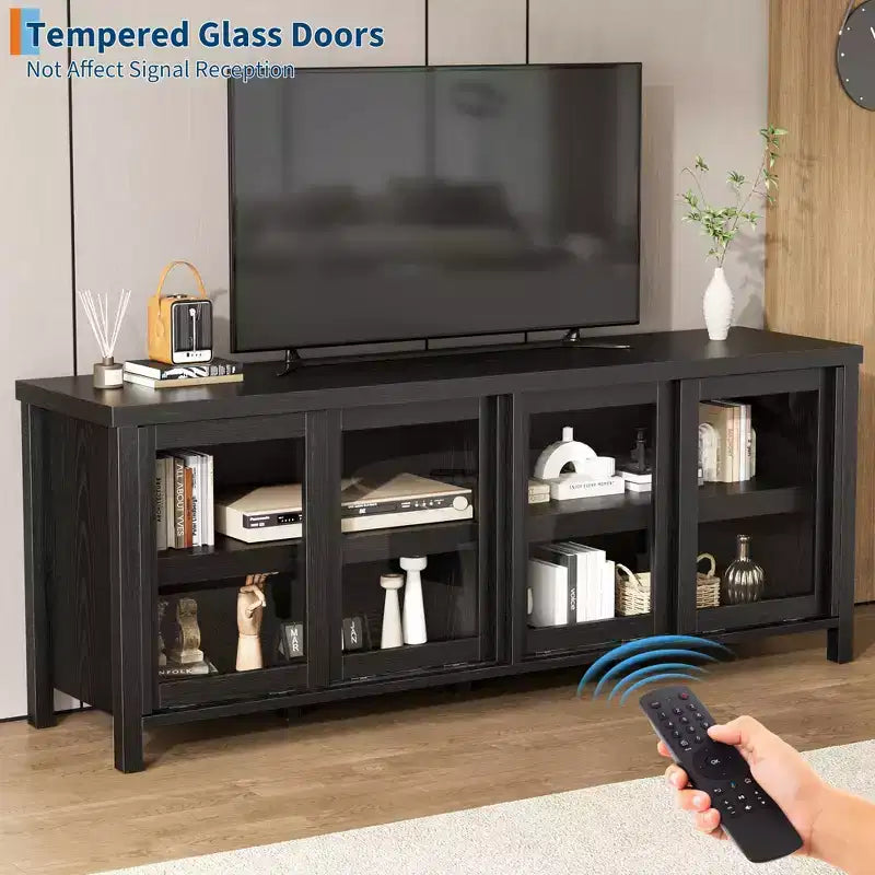 Mobile TV retrò nero/grigio con 4 ante scorrevoli in vetro – Struttura in legno, Adatto a TV da 40" a 65", Montaggio per 2 persone