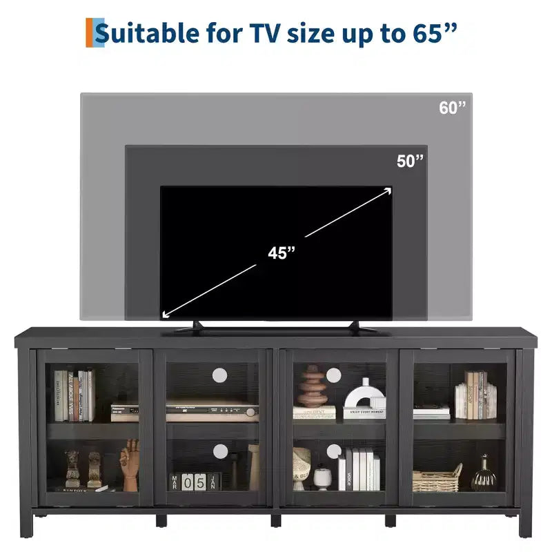 Mobile TV retrò nero/grigio con 4 ante scorrevoli in vetro – Struttura in legno, Adatto a TV da 40" a 65", Montaggio per 2 persone