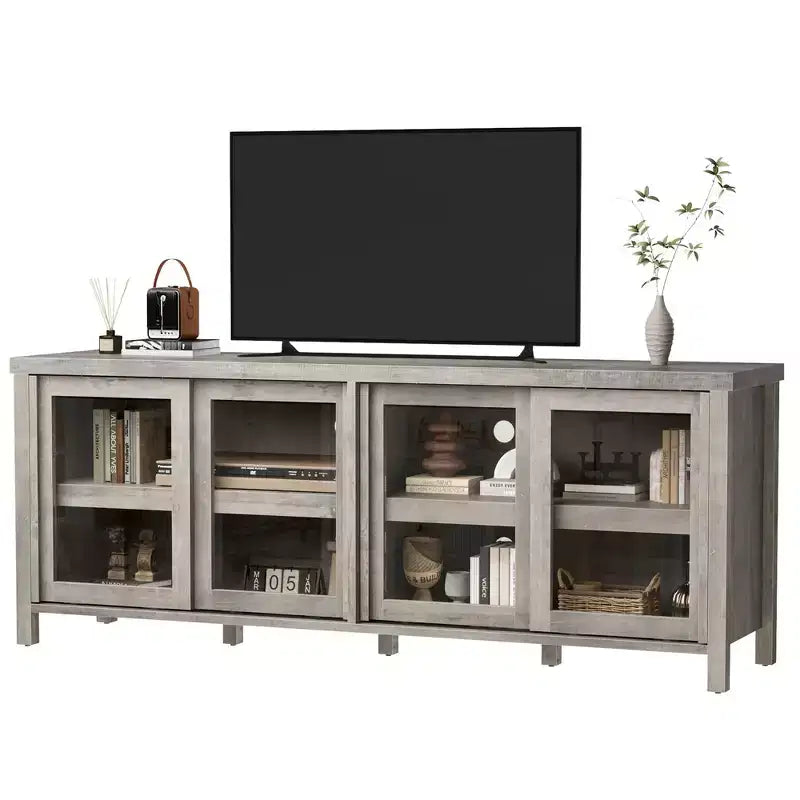Mobile TV retrò nero/grigio con 4 ante scorrevoli in vetro – Struttura in legno, Adatto a TV da 40" a 65", Montaggio per 2 persone