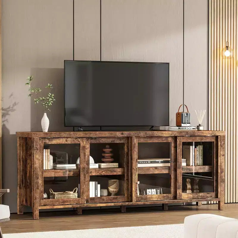 Mobile TV retrò nero/grigio con 4 ante scorrevoli in vetro – Struttura in legno, Adatto a TV da 40" a 65", Montaggio per 2 persone