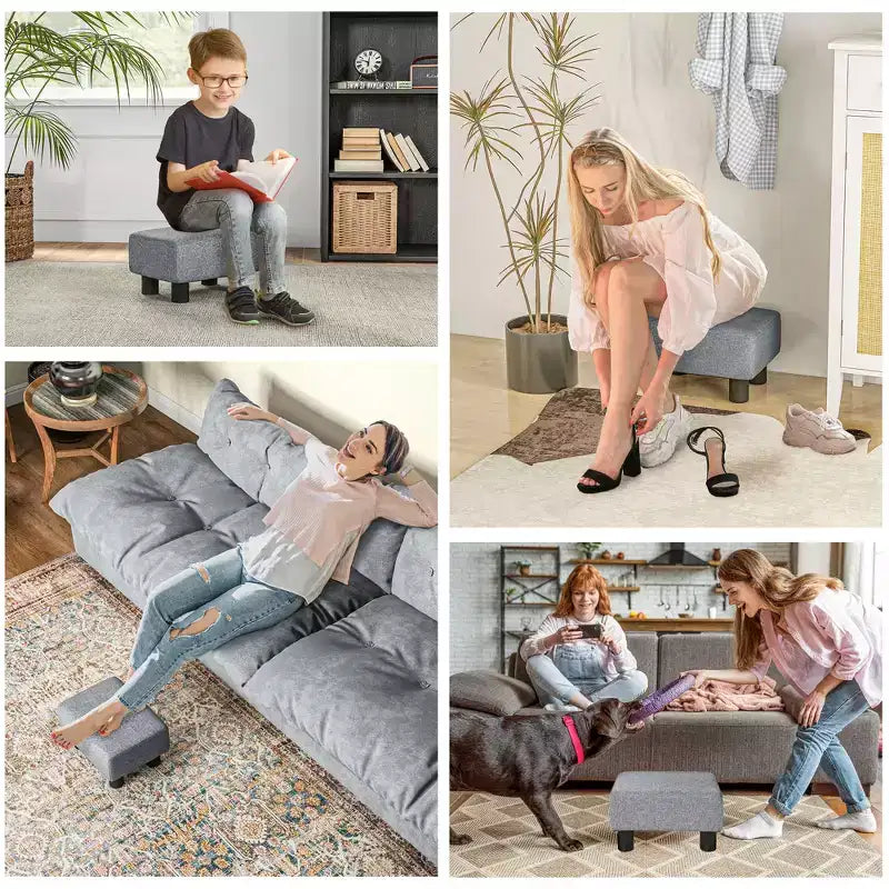 Pouf Ottomano in Lino Grigio Rettangolare, Seduta Singola, Gambe in Plastica
