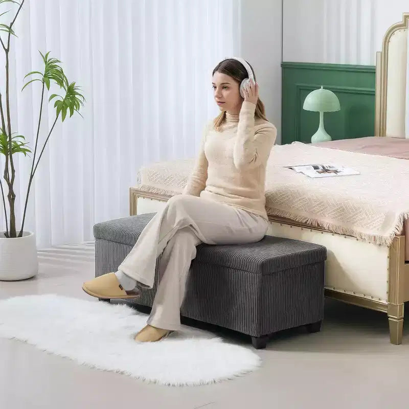 Panca contenitore/pouf in velluto a coste beige/grigio, 112 cm – 1 persona