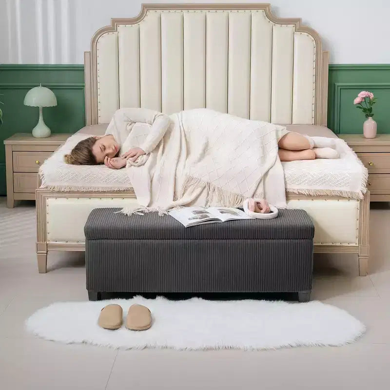 Panca contenitore/pouf in velluto a coste beige/grigio, 112 cm – 1 persona