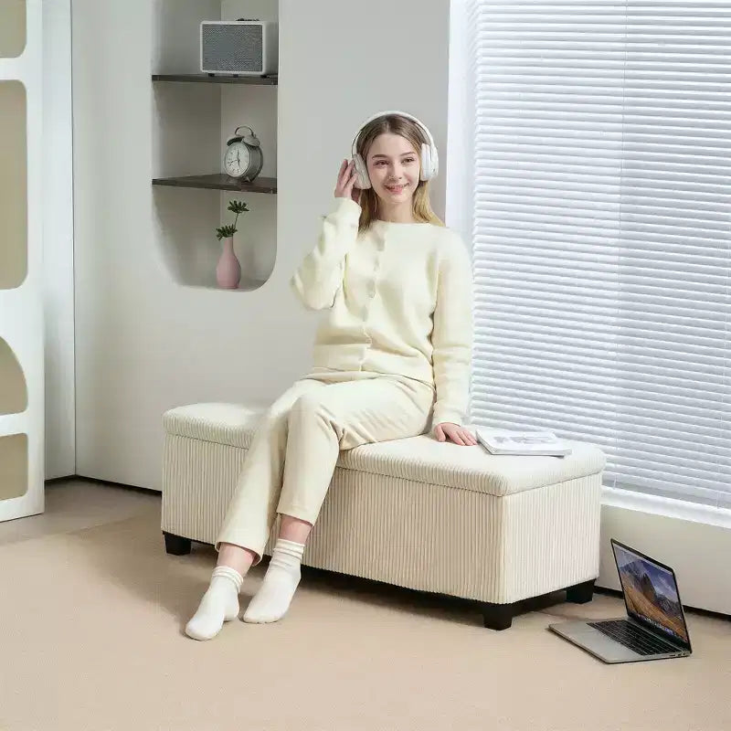Panca contenitore/pouf in velluto a coste beige/grigio, 112 cm – 1 persona
