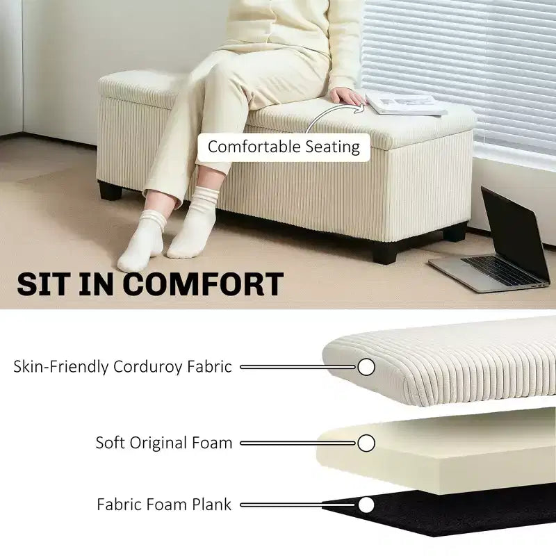 Panca contenitore/pouf in velluto a coste beige/grigio, 112 cm – 1 persona