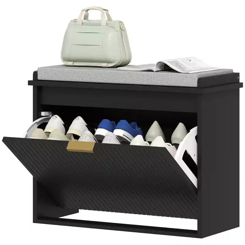 Shoe Storage Bench with Padded Seat Cushion and Flip-Drawer, Entryway Bench, Shoe Cabinet, 24.4x10.2x18.7 Inches