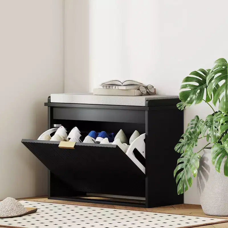 Panca portascarpe imbottita nera con cassetto a ribalta, 1 posto, 62 cm L x 26 cm P x 47,5 cm H