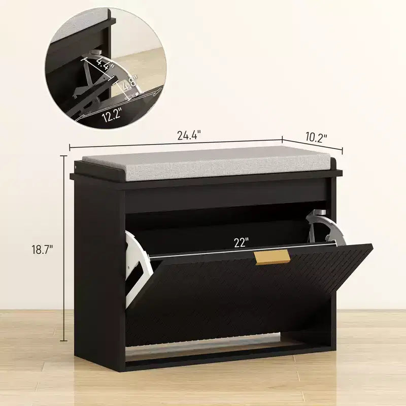 Panca portascarpe imbottita nera con cassetto a ribalta, 1 posto, 62 cm L x 26 cm P x 47,5 cm H