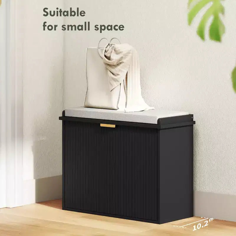 Panca portascarpe imbottita nera con cassetto a ribalta, 1 posto, 62 cm L x 26 cm P x 47,5 cm H