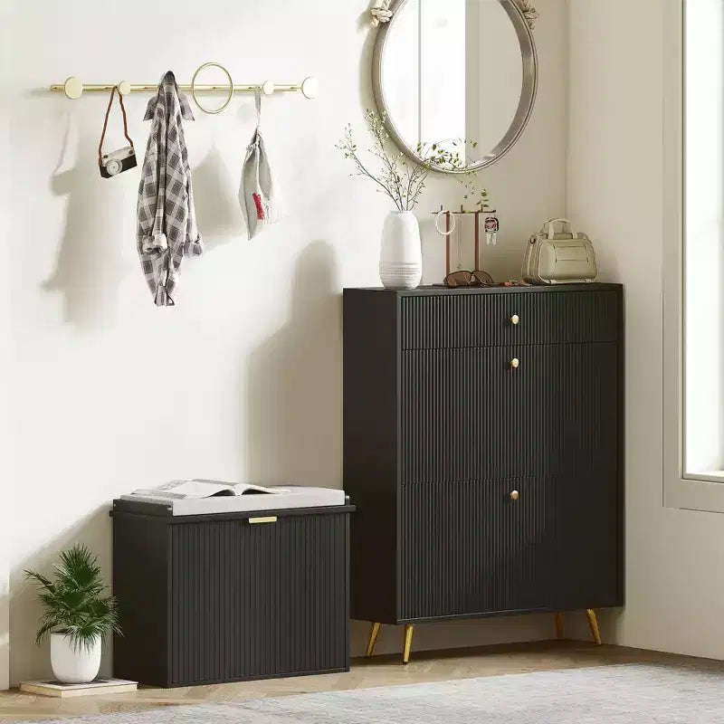 Panca portascarpe imbottita nera con cassetto a ribalta, 1 posto, 62 cm L x 26 cm P x 47,5 cm H
