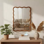 PexFix 30 x 40 Wavy Rectangle Solid Wood Frame Decorative Mirror Modern Farmhouse Wall Mirror For Bedroom Bathroom Living Room Entryway Brown