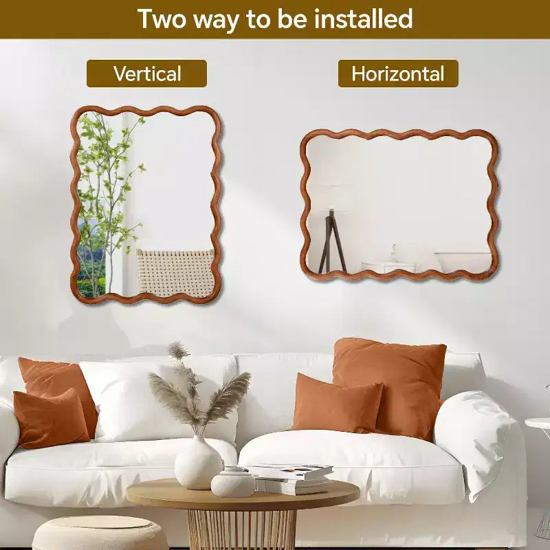 Specchio da parete con cornice in legno rettangolare ondulata marrone, singolo, 30"x40"