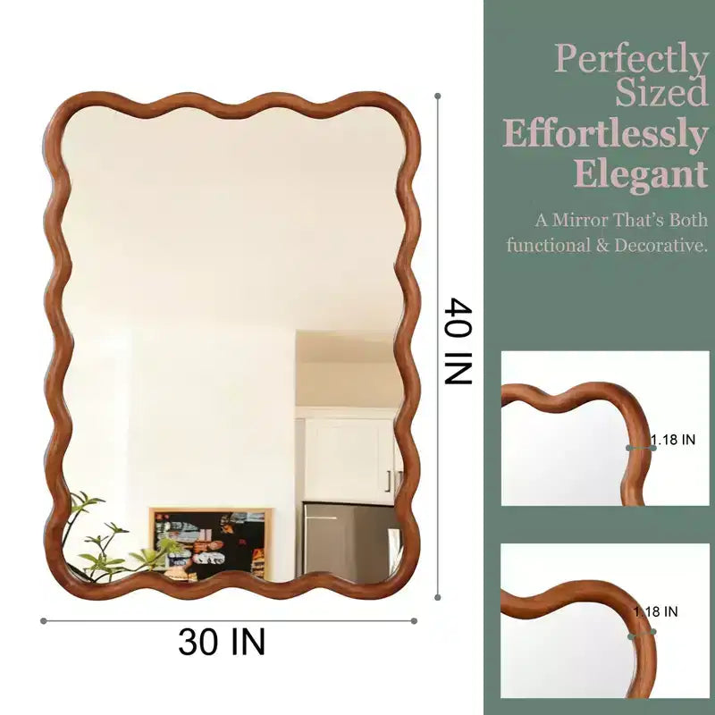 Specchio da parete con cornice in legno rettangolare ondulata marrone, singolo, 30"x40"