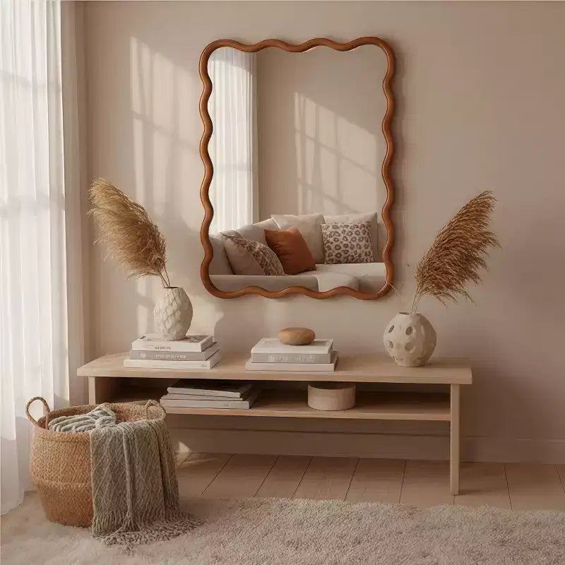 Specchio da parete con cornice in legno rettangolare ondulata marrone, singolo, 30"x40"