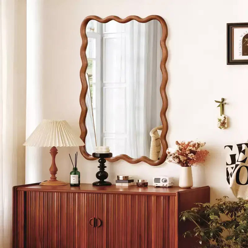 Specchio da parete con cornice in legno rettangolare ondulata marrone, singolo, 30"x40"