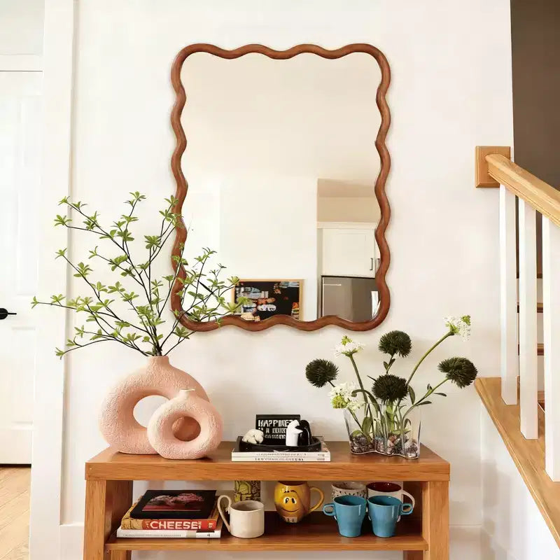 Specchio da parete con cornice in legno rettangolare ondulata marrone, singolo, 30"x40"