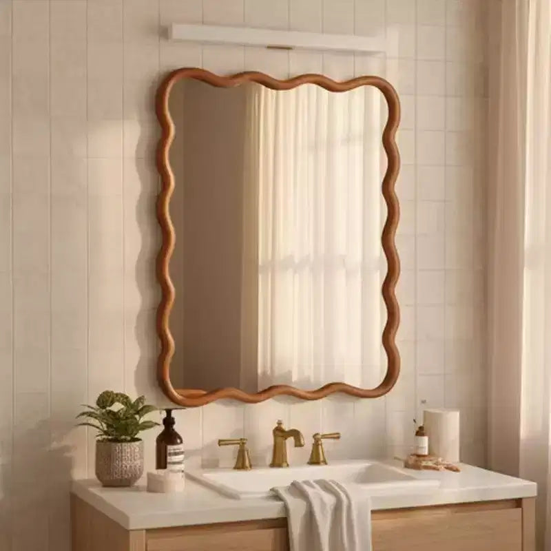 Specchio da parete con cornice in legno rettangolare ondulata marrone, singolo, 30"x40"