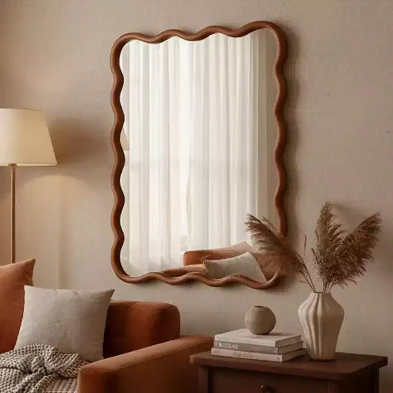 Specchio da parete con cornice in legno rettangolare ondulata marrone, singolo, 30"x40"
