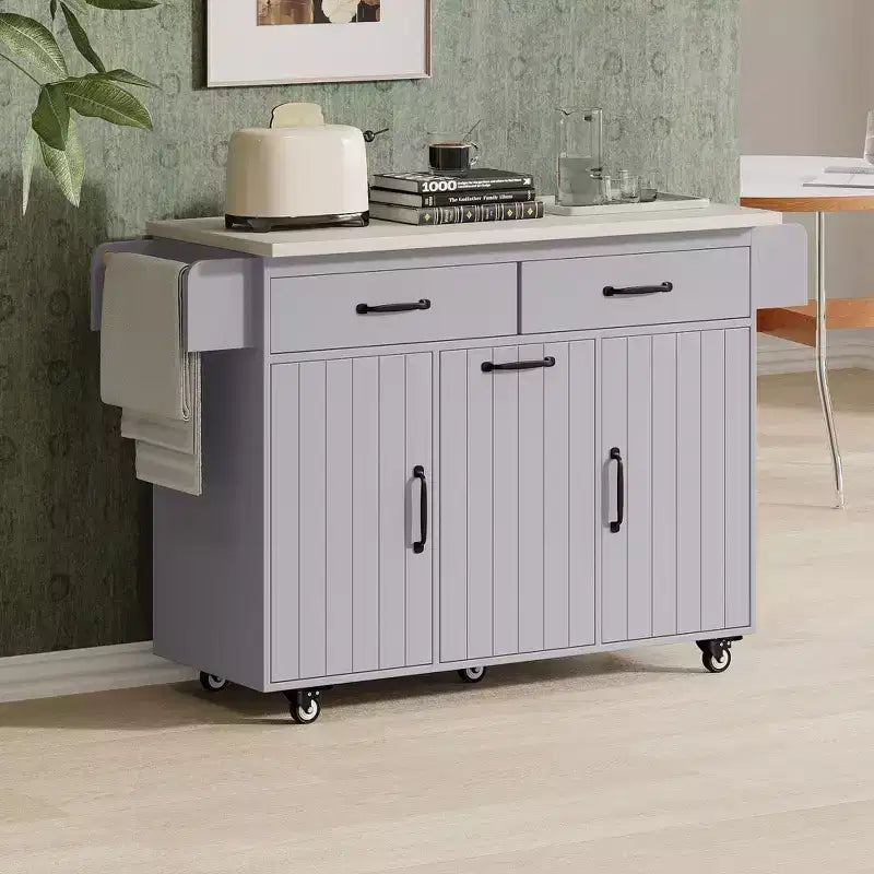 Okak Kitchen Island with Drop Leaf and Spice Rack, Kitchen Island On Wheels with Trash Cabinet, Kitchen Cart for Kitchen, Dining Room, Gray