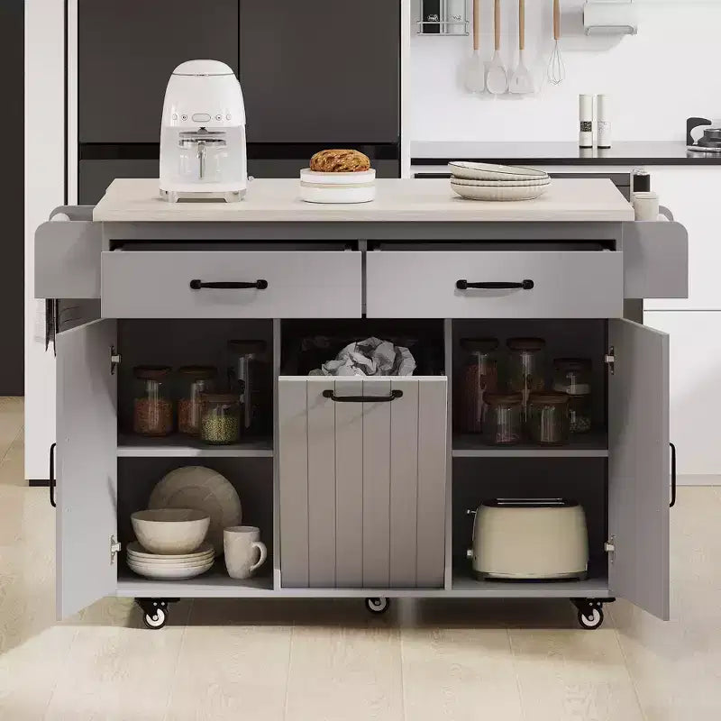 Carrello da Cucina Grigio con Isola, Ribalta a Goccia e Portaspezie, Ruote e Cestino Integrato