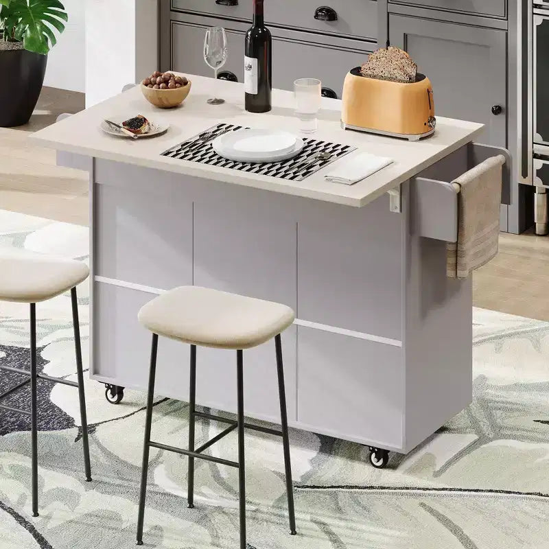 Carrello da Cucina Grigio con Isola, Ribalta a Goccia e Portaspezie, Ruote e Cestino Integrato