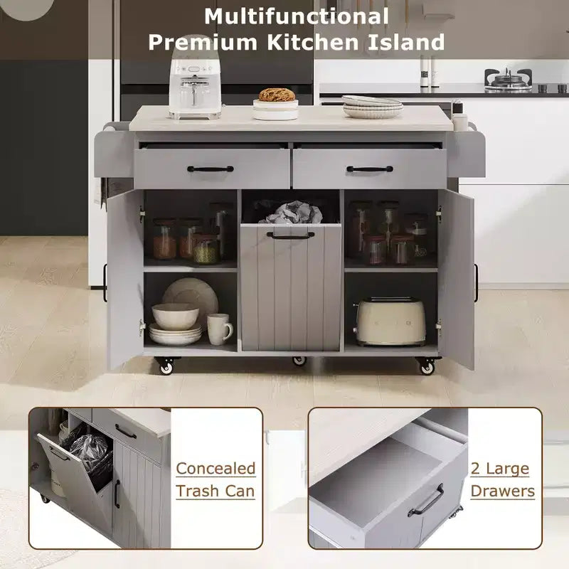 Carrello da Cucina Grigio con Isola, Ribalta a Goccia e Portaspezie, Ruote e Cestino Integrato